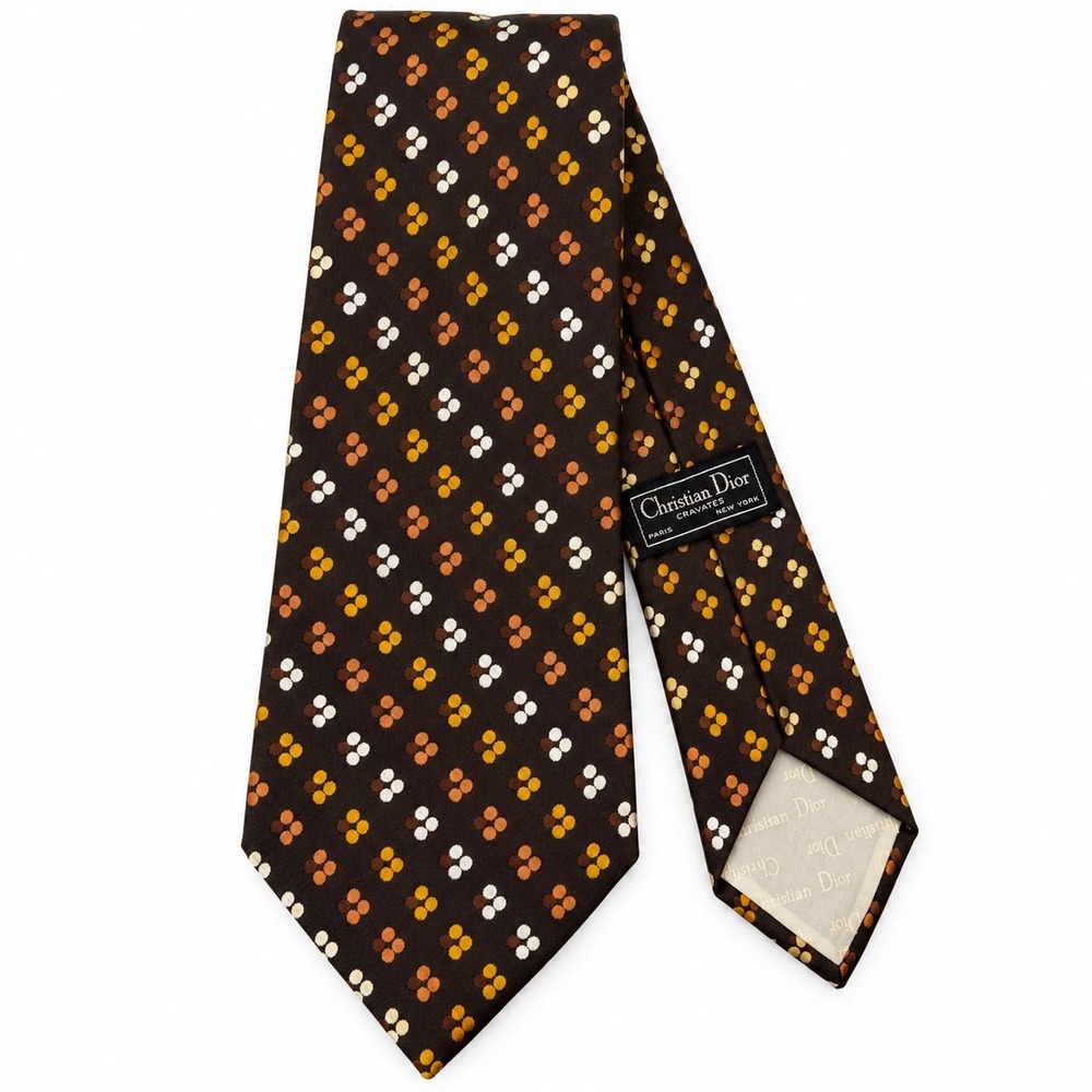 Christian Dior Necktie Mens OS Brown Gold Geometric Floral Vintage Cravates